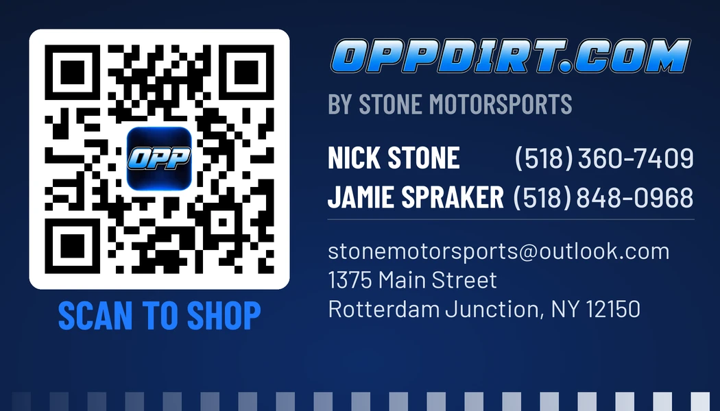 Card back: QR code to oppdirt.com, Nick and Jamie's phones, email and the shop address